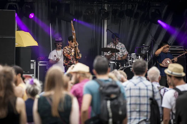 Amsterdam, Hollanda - 5 Temmuz 2015: Amsterdam Roots Open Air'de Taylandlı grup The Paradise Bangkok Molam International Band'in konseri, Park Frankendael'de 05/07/2015 tarihinde düzenlenen kültür festivali