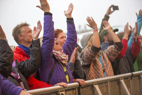 Traena, Norway - July 10 2013: during the concert of the Norwegian singer Hekla Stalstrenga at the Traenafestival, music festival taking place on the small island of Traena