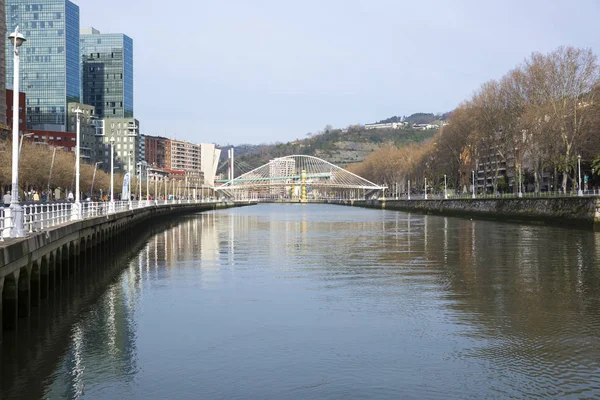 Bilbao Spain January 2016 Nervion River Modern Bridge Zubizuri Designed — Stock Photo, Image