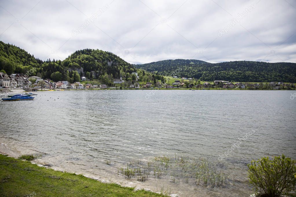 View on Joux lake -lac de Joux and the Jura mountains, Le Pont, Switzerland
