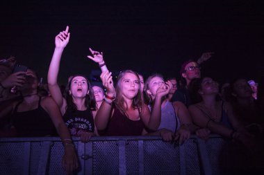 Nyon, İsviçre - 18 Temmuz 2017: Paleo Festivali'nde Fransız elektronik müzisyeni Petit Biscuit'in konserinde genç hayranların dinleyicileri