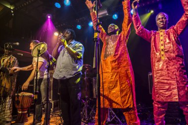 Amsterdam, Hollanda - 17 Şubat 2016: Paradiso Bitterzoet konser salonunda Mali Bko Quintet'ten Afrikalı grubun konseri.