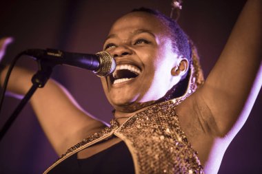 Traena, Norveç - 11 Temmuz 2014: Norveçli elektronik soul şarkıcısı Nosizwe'nin Traenafestival'deki konserinde, traena adasında düzenlenen müzik festivali