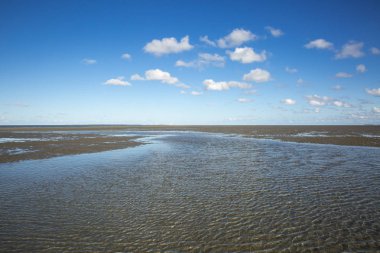 Kum, Waddenzee - Wadden Denizi, Friesland, Hollanda mavi gökyüzü beyaz bulutlar ve desen ile Deniz manzara