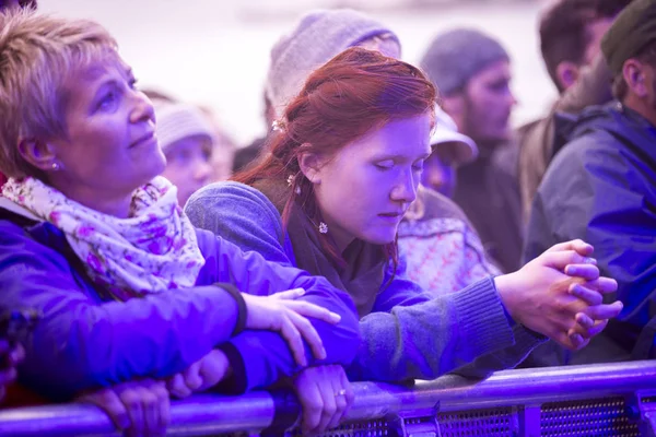 Traena, Norway - July 10 2013: during the concert of the Norwegian singer Hekla Stalstrenga at the Traenafestival, music festival taking place on the small island of Traena