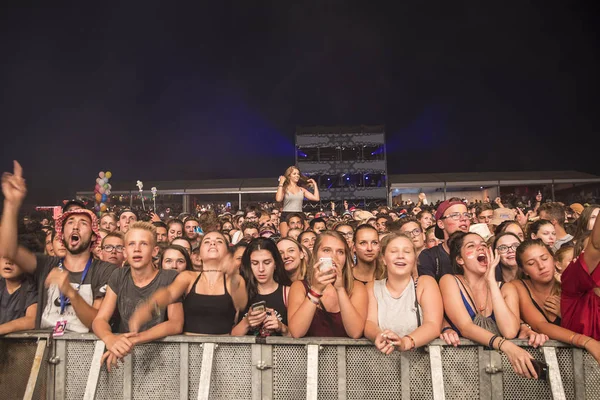 Nyon, İsviçre - 18 Temmuz 2017: Paleo Festivali'nde Fransız elektronik müzisyeni Petit Biscuit'in konserinde genç hayranların dinleyicileri