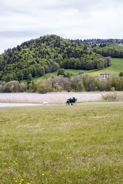 Landskap Brenet Lake Och Jurabergen Med Par Gammal Man Och — Stockfoto