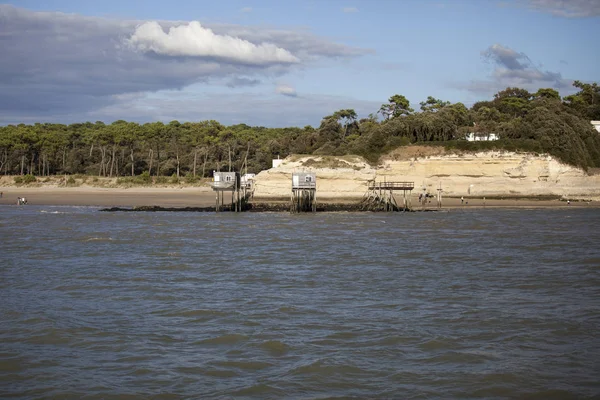 Vue Depuis Estuaire Gironde Avec Falaise Calcaire Village Meschers Sur — Photo