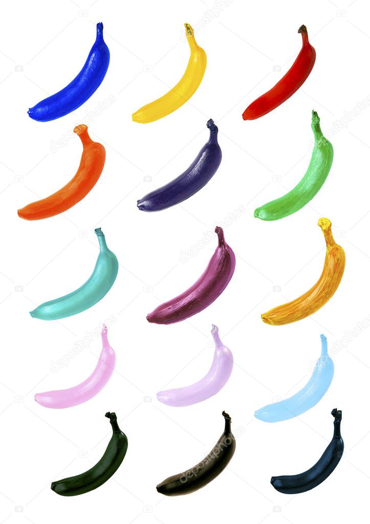 Repetitive sequence of colored bananas on white background