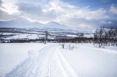 Karlı Norveç dağ manzarası, Nordland, Norveç