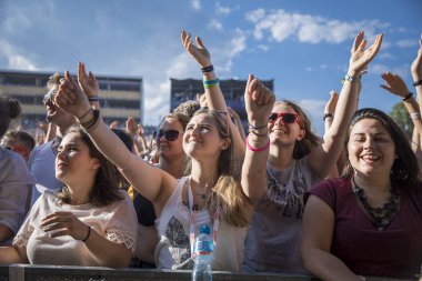 Nyon, İsviçre - 20 Temmuz 2017: Fransız ska grubu Tryo'nun Paleo Festivali konserinde tezahürat yapacak hayran kalabalığı