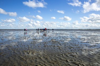 Düşük tide su ve bir grup insan Waddenzee, Friesland, Hollanda trekking, bulutlarda yansıması ile deniz manzara