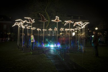 Amsterdam, Hollanda 20 Aralık 2015 : Masamichi Shimada'dan kuşlar adlı sanat eseri, Amsterdam Işık Festivali 2015'te sergilenen ve 
