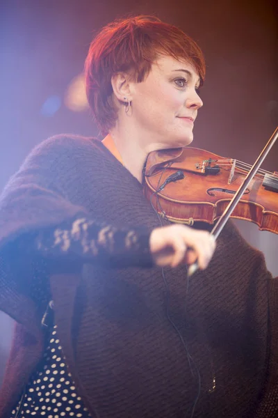 Traena, Norway - July 10 2013: during the concert of the Norwegian singer Hekla Stalstrenga at the Traenafestival, music festival taking place on the small island of Traena
