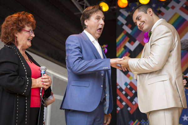 Amsterdam, the Netherlands  July 23, 2016: wedding ceremony of Lucien Spee, director from Amsterdam Gay Pride  association, and Victor at Vondelpark 