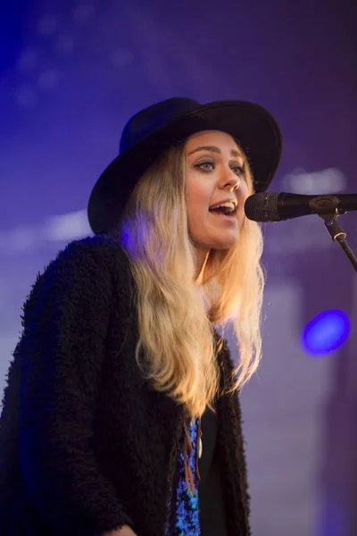 Traena, Norway - July 10 2014: during the concert of the Swedish rock band First Aid Kit at the Traenafestival, music festival taking place on the small island of Traena