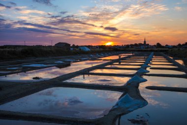 Güneş doğarken tuzlu bataklığın panoramik manzarası, Olonne bölgesi, Vendee, Fransa