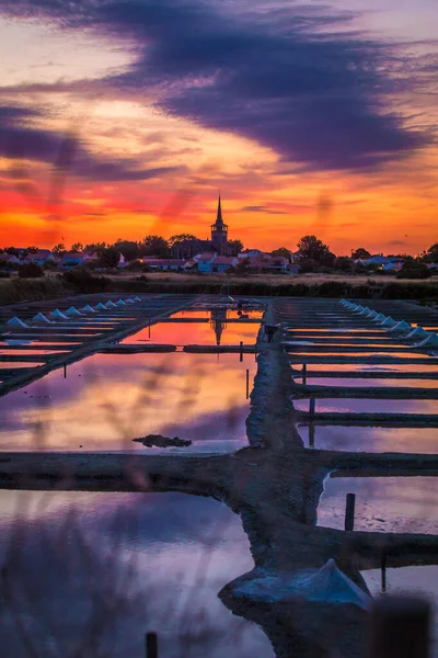 法国Vendee Olonne地区日出时盐沼地全景 图库图片