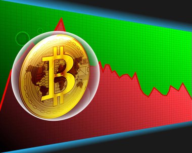 Altın bitcoin kabarcık ve dünya harita üzerinde hisse senedi maket Kilitlenme grafikler ve karakter, vektör çizim