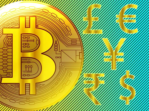 Gouden Bitcoin Digitale Uitwisseling Cryptocurrency Dollar Euro Indiase Rupee Britse — Stockvector