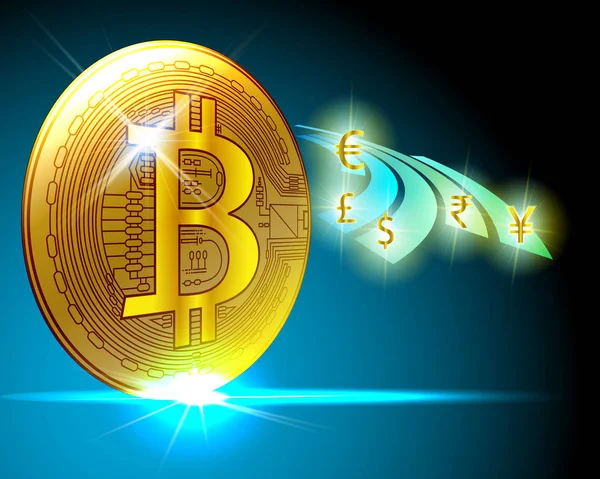 Gouden Bitcoin Cryptocurrency Dollar Euro Indiase Rupee Britse Pond Chinese — Stockvector