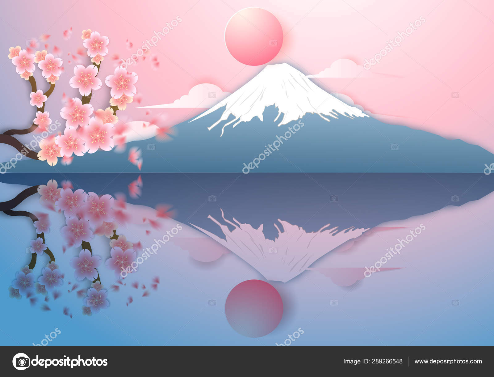 日本の景観 川口湖と桜を映し出す富士山 桜が落ちる 紙切り出し