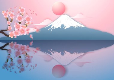 Japonya peyzaj, Fuji Dağı Gölü Kawaguchiko ve kiraz çiçeği, Sakura aşağı düşen yansıma ile, kağıt stil kesti. Vektör Illustration