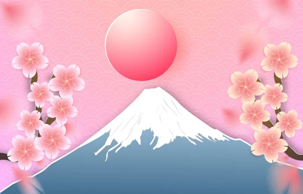 Japón paisaje con bandera de montaña Fuji y flor de cerezo, sakura cayendo, papel recortado estilo. Ilustración vectorial — Vector de stock