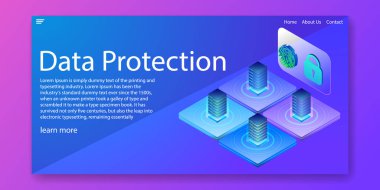 Veri koruma teknolojisi, şifreleme parmak izi güvenliği. Sunucu ağı anabilgisayar izometrik kavramı. Web şablonu tasarım. vektör çizim.