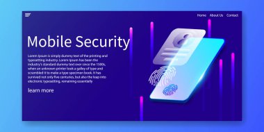 İzometrik mobil güvenlik ve Biyometri tanımlama kavramı, parmak izleri, yüz tanıma, web şablon tasarımı. vektör illüstrasyon.