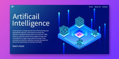 Yapay zeka, AI CPU Otomasyonu, izometrik teknoloji tasarım konsepti. Web şablonu tasarım. vektör çizim