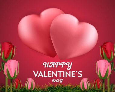 Kalp balonlar ve güller ile mutlu sevgililer günü kırmızı arka plan afiş.