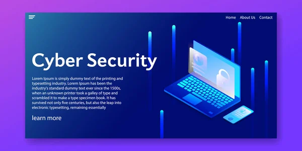 Izometrický systém kybernetické ochrany, ochrana před notebookem a smartphone. Návrh webové šablony. vektorová ilustrace. — Stockový vektor