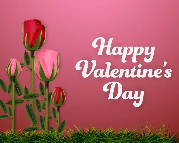 Ευτυχισμένη ημέρα του Αγίου Βαλεντίνου ροζ φόντο πανό με τριαντάφυλλα και γρασίδι. — Διανυσματικό Αρχείο