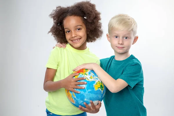 Side View Little Kids Pointing Globe African American White Children — Stock Photo, Image