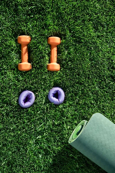 Dumbbells, weights, yoga mat on a green lawn. Bright colors. Orange, purple. Top view. Concept fitness outside, sport, healthy lifestyle, quarantine, home gym. Sunny day. Copy space. Top view. Nobody