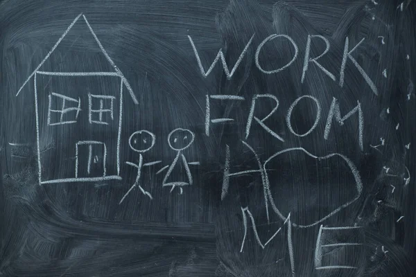 Inscription in chalk on a blackboard work from home. The style of children\'s drawing. The concept of self-isolation, remote work online during quarantine. Protective measures. To keep healthy.