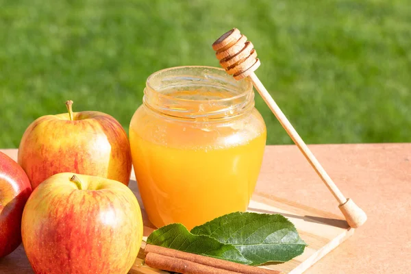 Bir kavanoz bal, ahşap tezgahta elmalar. Dışarı çıkın. Ön manzara. Yeşil çimen arka planı. Yahudi yeni yıl konsepti, sağlıklı yiyecekler, tarım ürünleri, vitaminler. Parlak renkler, güneşli bir gün. Uzayı kopyala Yatay
