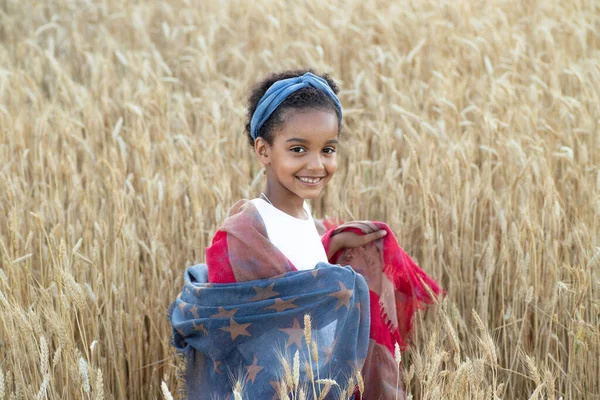 Portrait Mixed Race Kid Wheat Field Scarf Stars Stripes Style — Stock Photo, Image