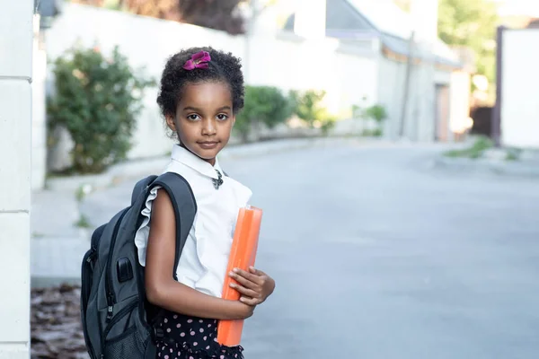 オレンジのフォルダを保持したバックパックを持つ学校の子供 ミックスレースの子供の肖像画 目を合わせろ 屋外だ 一人で道路に立っている 子供の頃 オフライン学習の概念に戻る スペースのコピー — ストック写真