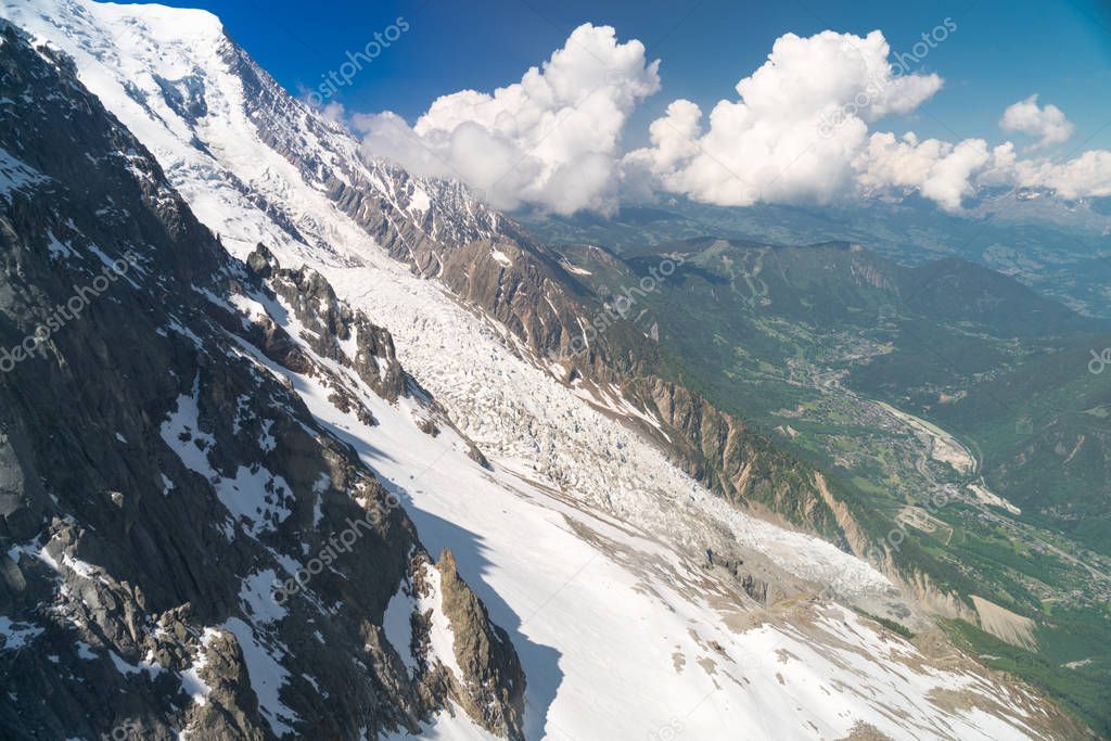 View of Chamonix valley from Aiguille du Midi - Mont Blanc mountain, Haute-Savoie, France