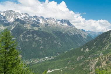 Mavi bulutlu gökyüzü arka plan inanılmaz dağ manzaralı