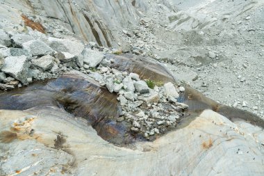 Mer de Glace, Aiguille du Dru ve Aiguille Verte Le Montenvers, Fransız Alpleri Chamonix, Haute-Savoie, Fransa yakınındaki Marnixkade muhteşem panoraması.