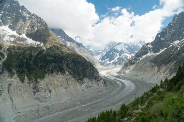 Mer de Glace, Aiguille du Dru ve Aiguille Verte Le Montenvers, Fransız Alpleri Chamonix, Haute-Savoie, Fransa yakınındaki Marnixkade muhteşem panoraması.