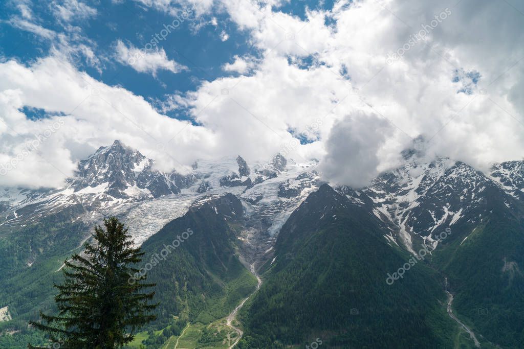 Beautiful panorama of Grandes Jorasses, Dent du Geant and glorious Mont Blanc Blanc - the highest mountain in the Alps and the highest in Europe from Parc de Merlet, Les Houches, Haute-Savoie, France