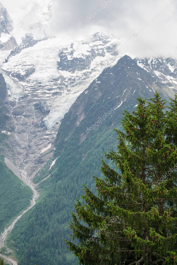 Beautiful panorama of Grandes Jorasses, Dent du Geant and glorious Mont Blanc Blanc - the highest mountain in the Alps and the highest in Europe from Parc de Merlet, Les Houches, Haute-Savoie, France