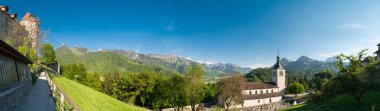 Spectacular panoramic view from the Gruyeres Castle (Chateau de Gruyeres), in the alpine foothills, Canton Fribourg, Switzerland clipart