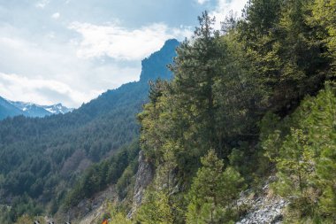 Enipeas vadisi ve kar da yüksek zirveleri ile Yunanistan'da Olympus dağ Manzara, Kuzey Yunanistan 