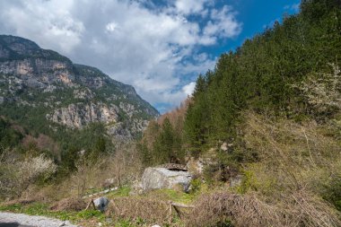 Enipeas vadisi ve kar da yüksek zirveleri ile Yunanistan'da Olympus dağ Manzara, Kuzey Yunanistan 