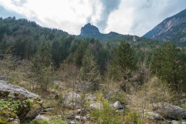Enipeas vadisi ve kar da yüksek zirveleri ile Yunanistan'da Olympus dağ Manzara, Kuzey Yunanistan 